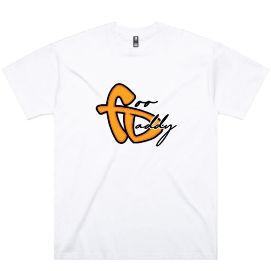 White t-shirt with orange and black logo on a white background