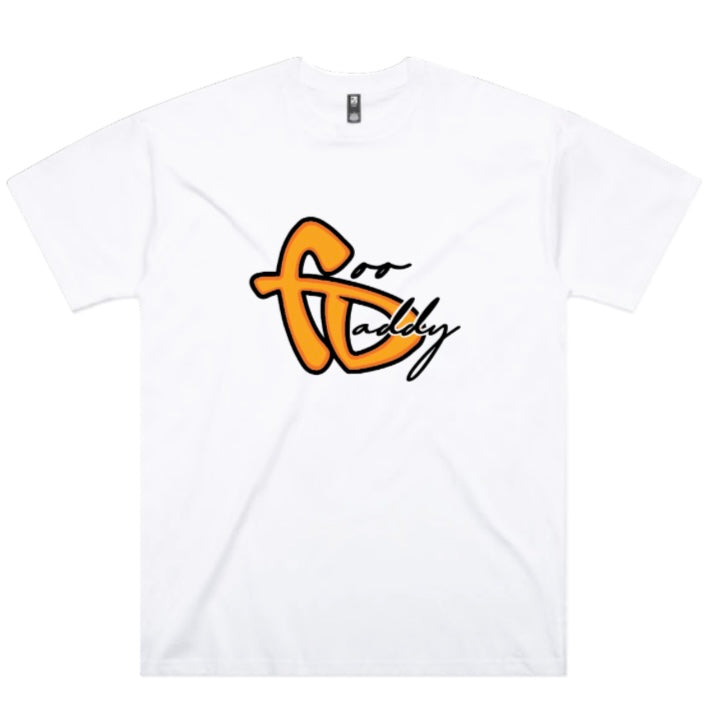 White t-shirt with orange and black logo on a white background