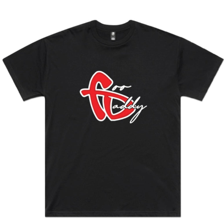 Black t-shirt with red and white logo on a white background